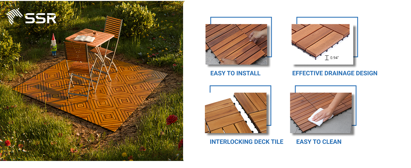 [New Design] 8-Slat Diagonal Acacia Wood Decking Tiles