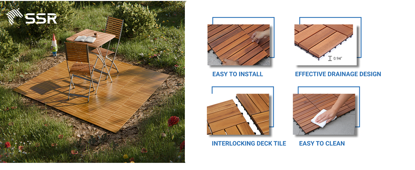 5-Slat Acacia Wood Decking Tiles For Your Garden
