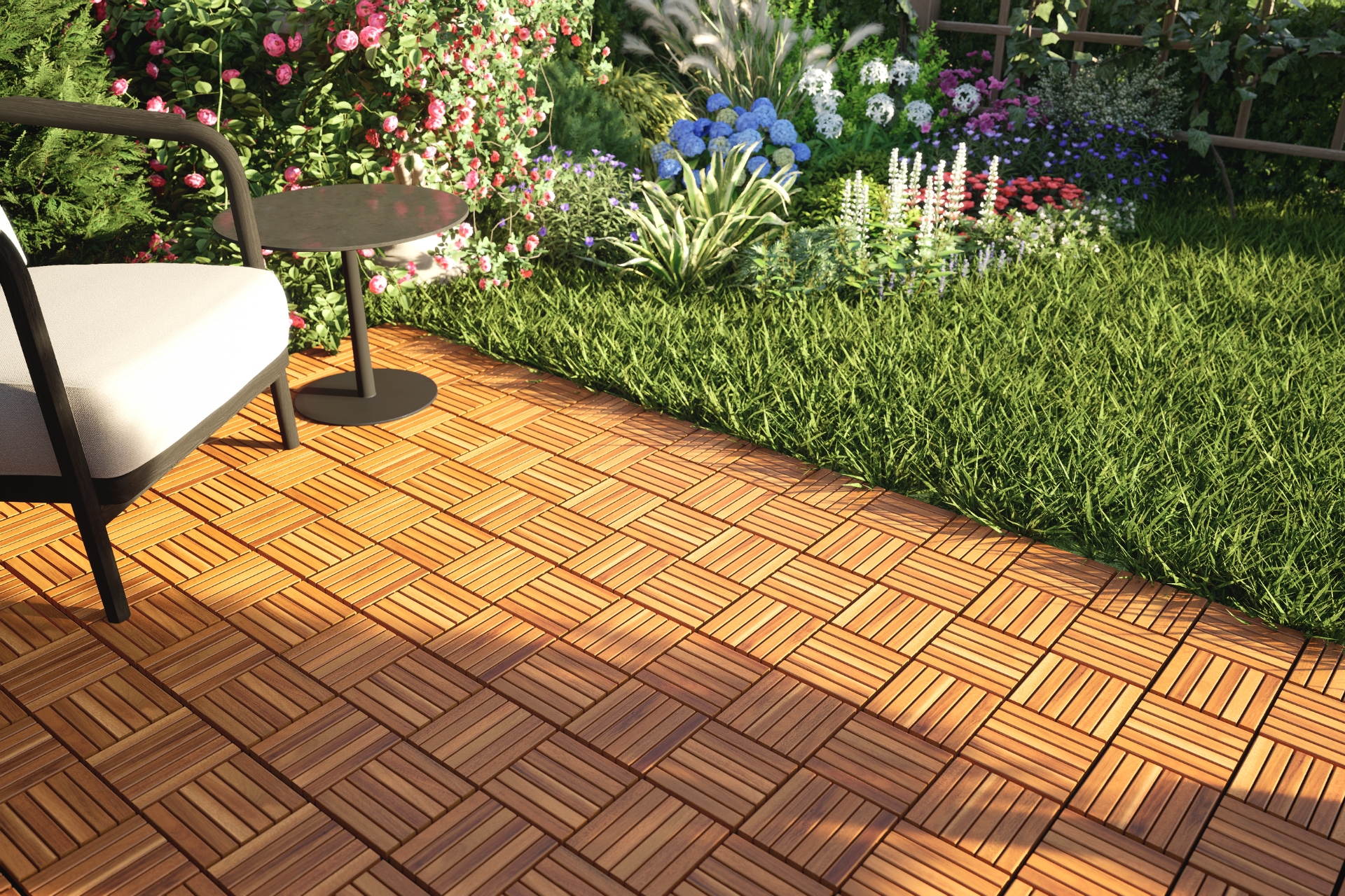 Outdoor wood deck tiles application