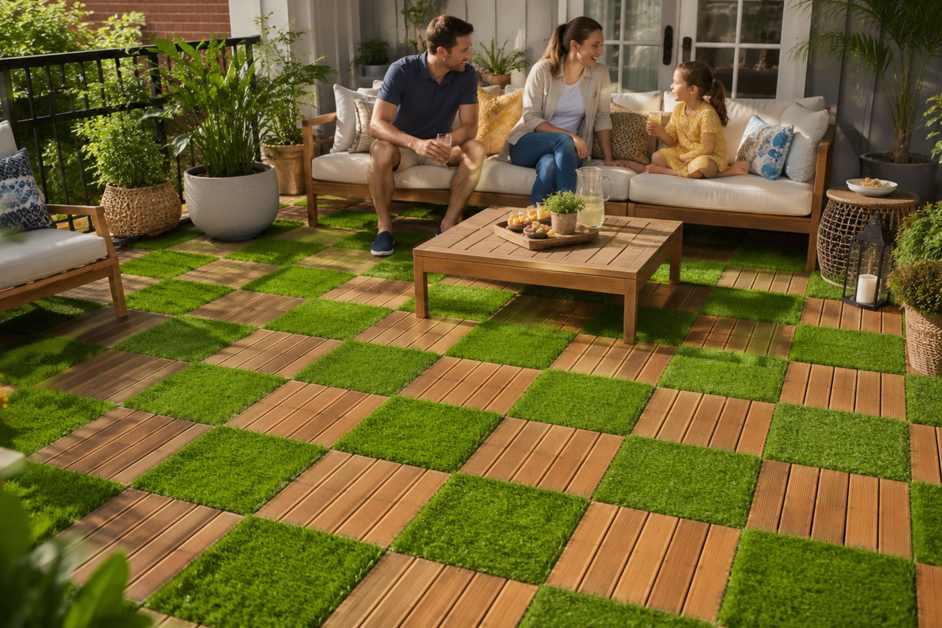 Artificial grass deck tiles for outdoor spaces