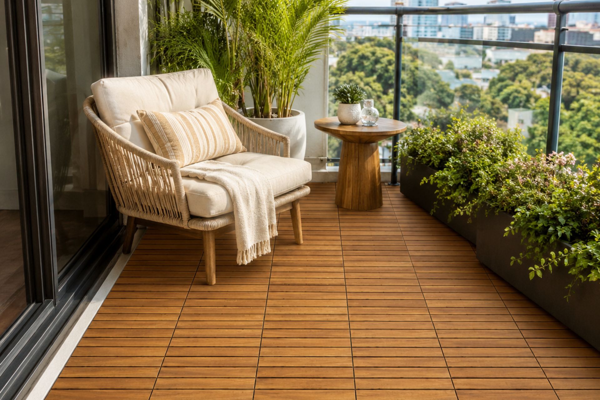 Wood deck tiles for balcony flooring