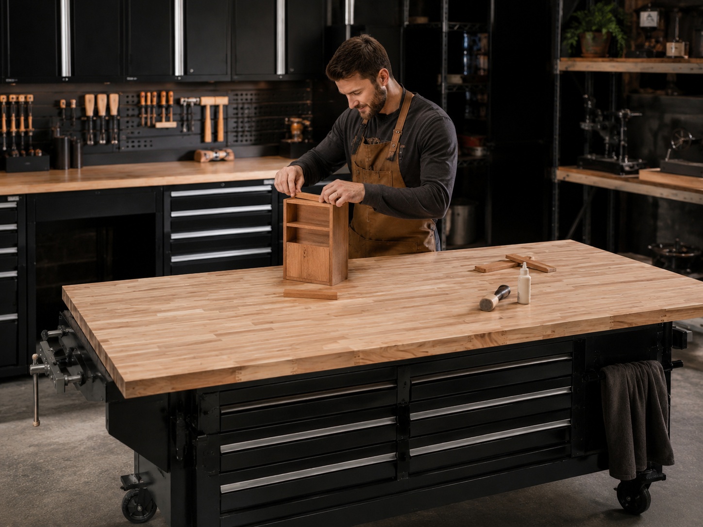 Workshop station with wood workbench top