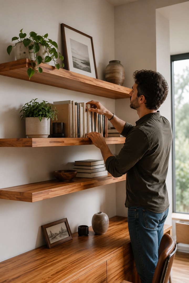 Solid wood wall shelves material moodboard