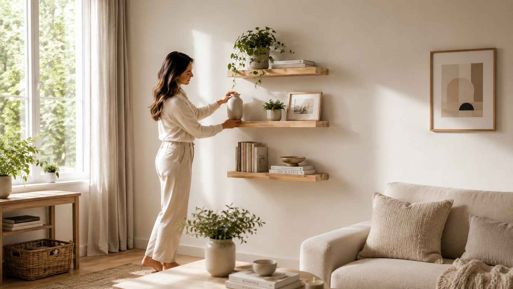 Solid wood wall shelves in modern interior