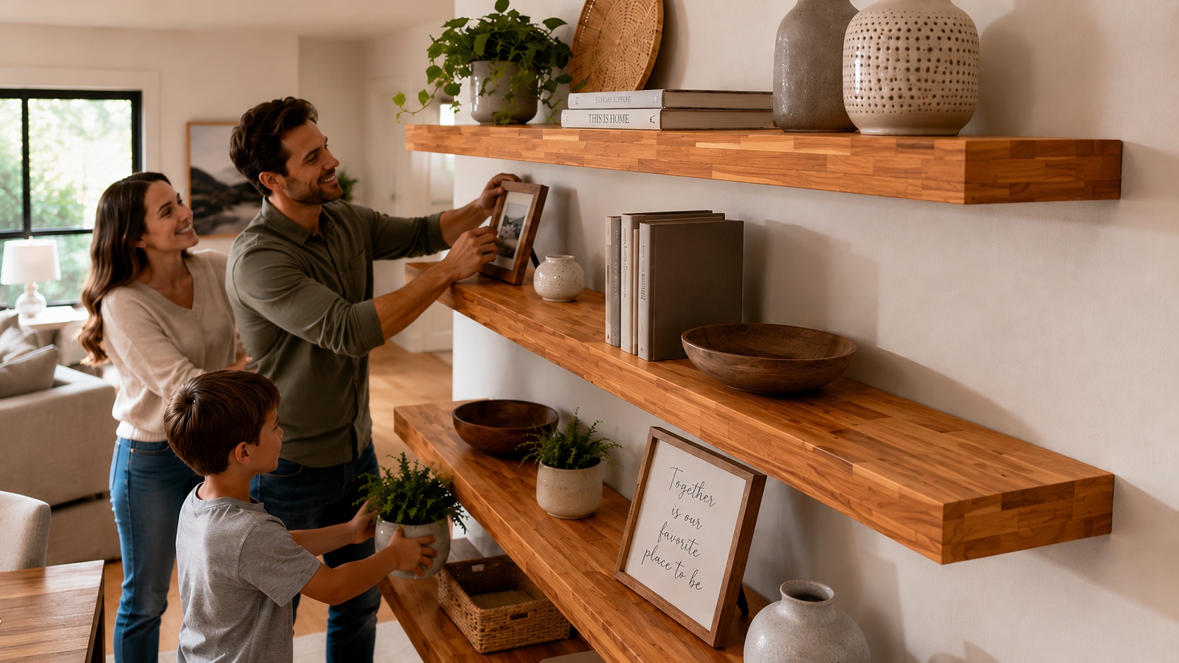 Large lifestyle interior with solid wood wall shelves