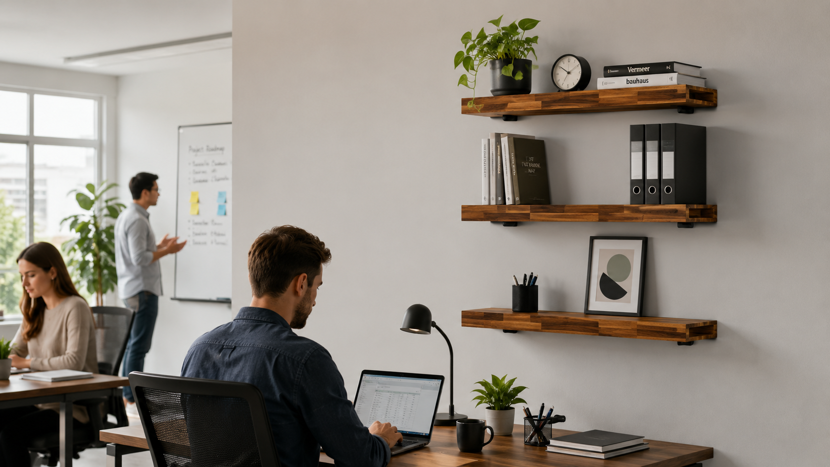 Wood wall shelves in home office