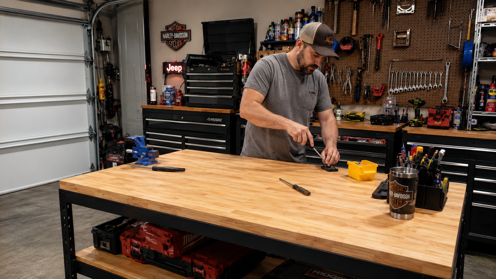 Solid wood workbench top in garage workshop