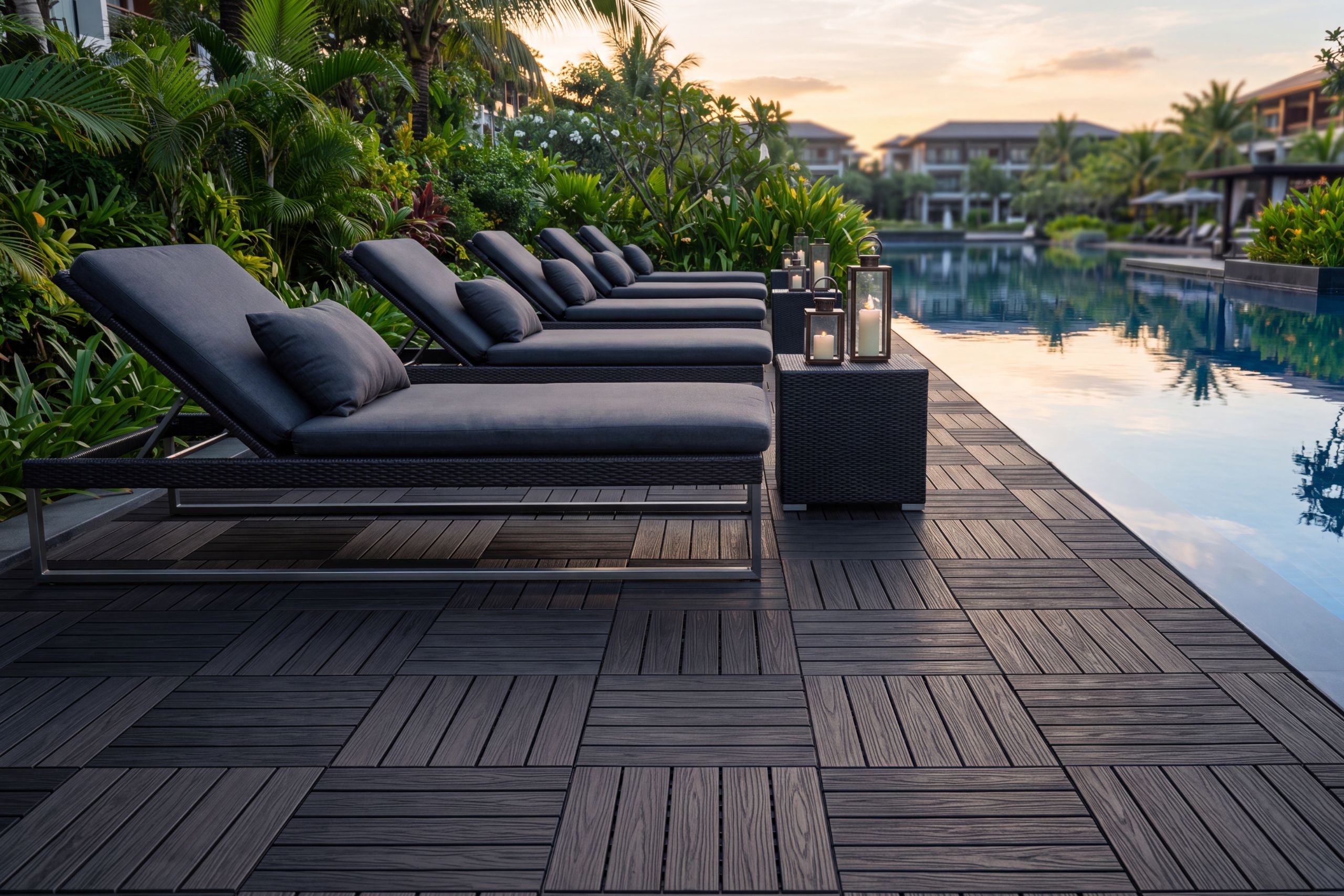 Interlocking wood deck tiles installed beside a swimming pool