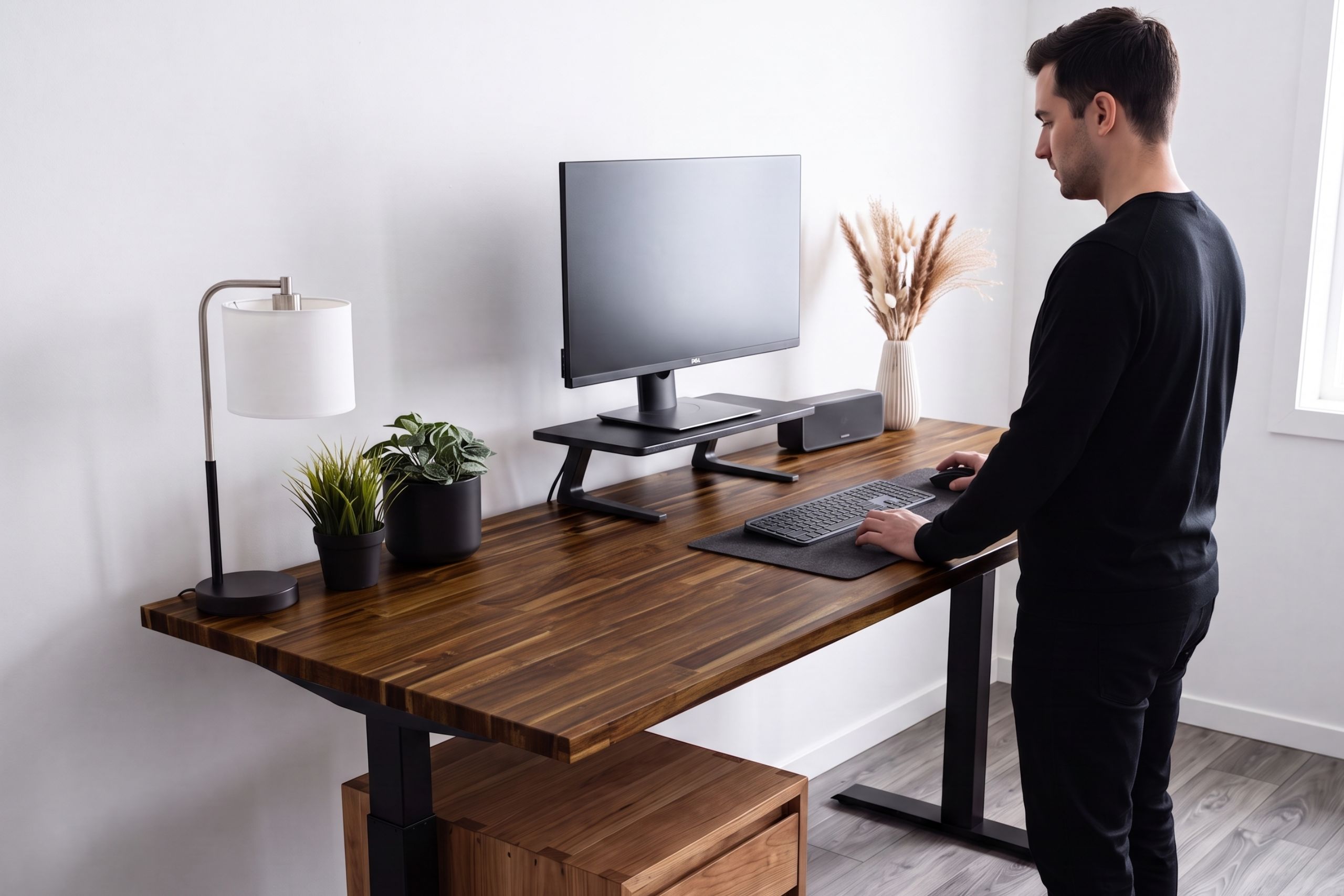 Solid wood standing desk top for an office workspace