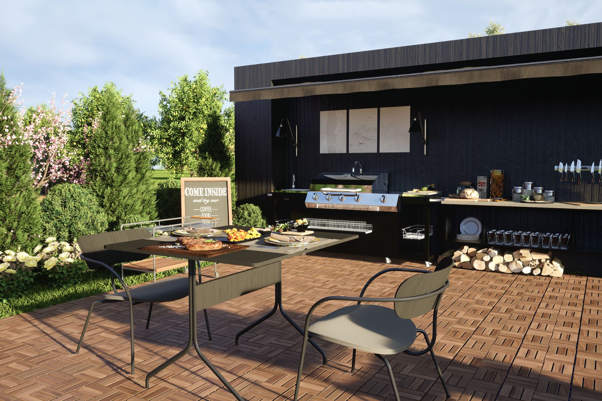 Acacia wood deck tiles with patio furniture for European outdoor living