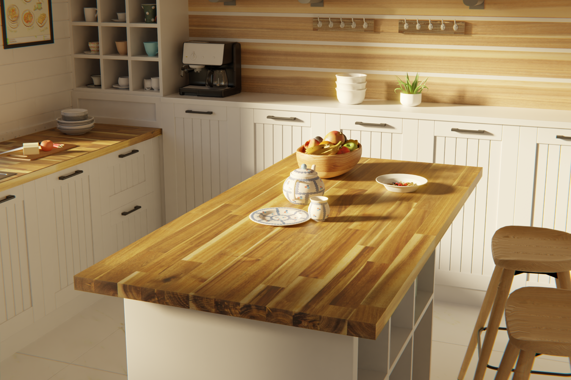 Why Acacia Butcher Block Countertops Fit the U.S. Market? Acacia butcher block countertops kitchen island in a U.S. home