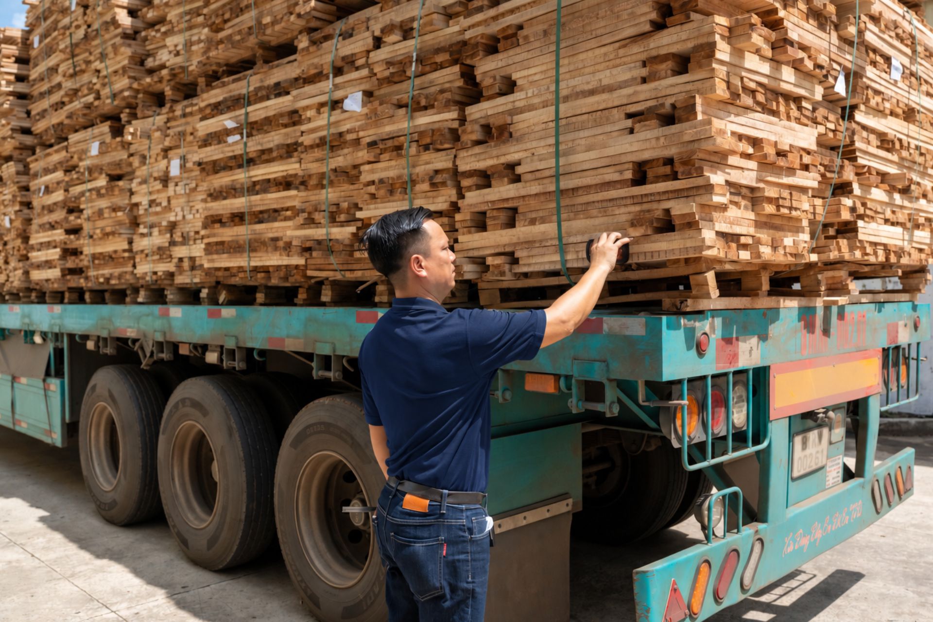 How SSR Controls Consistency Across Container-Scale Wood Panel Production SSR QC employee using a calibrated moisture meter on prepared wood pieces before machining.
