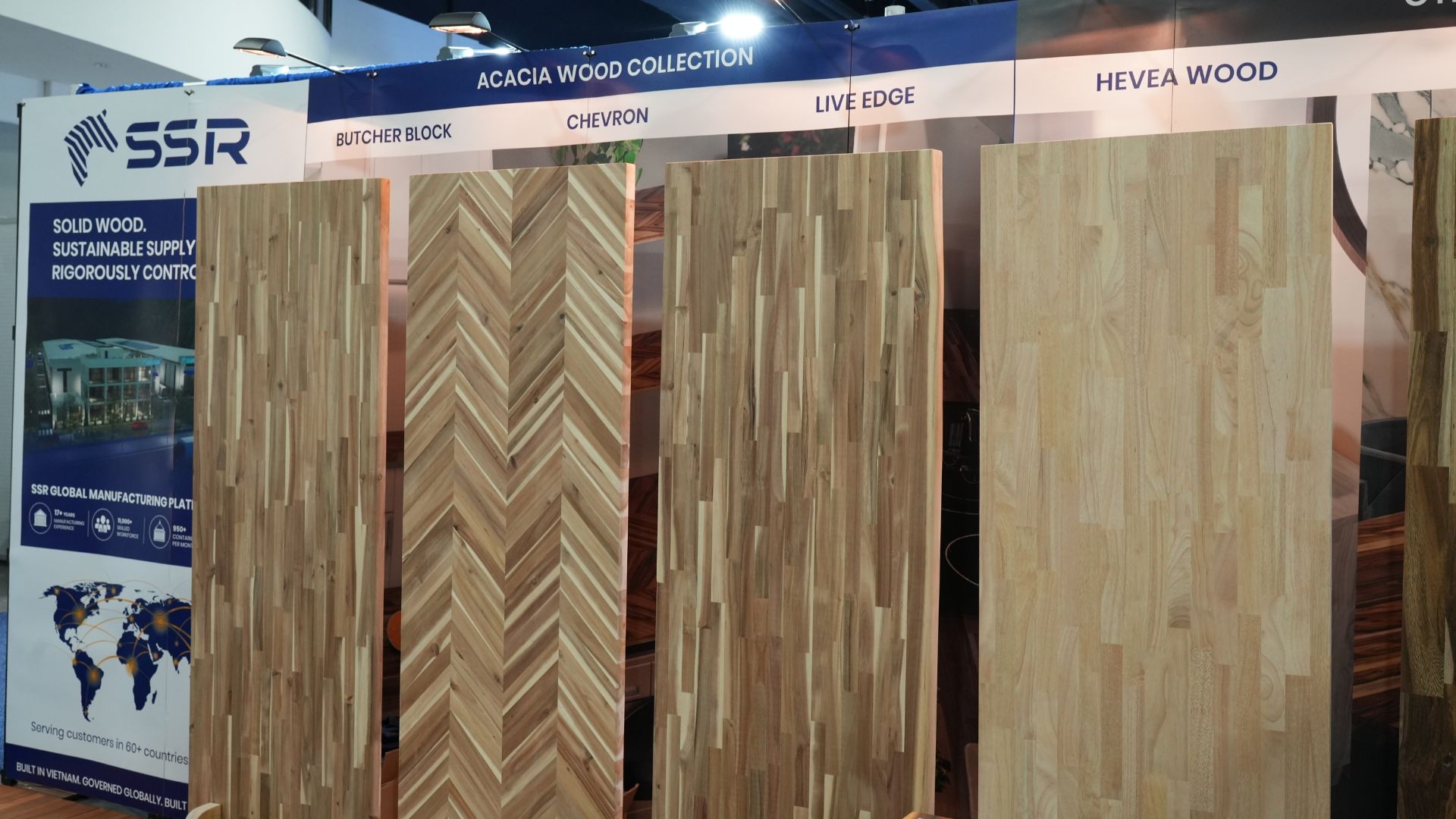 Finger Joint Board samples displayed by SSR during IWF 2026.