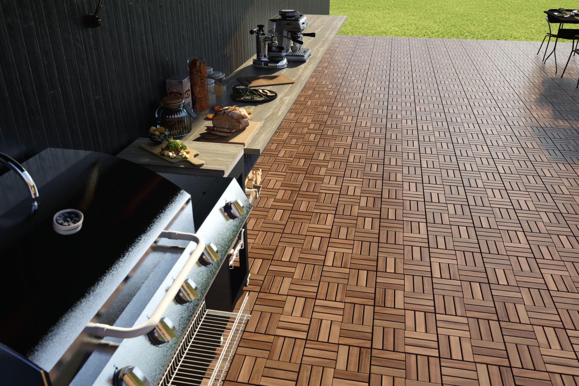 Acacia wood deck tiles in different patterns and natural finishes