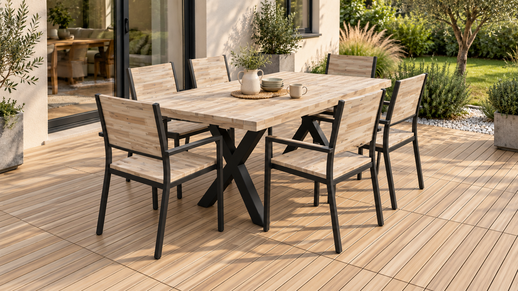 Outdoor Living: Building a Complete Space from the Ground Up Wooden outdoor dining set with deck tiles for Outdoor Living