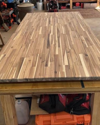 Acacia wood garage workbench application