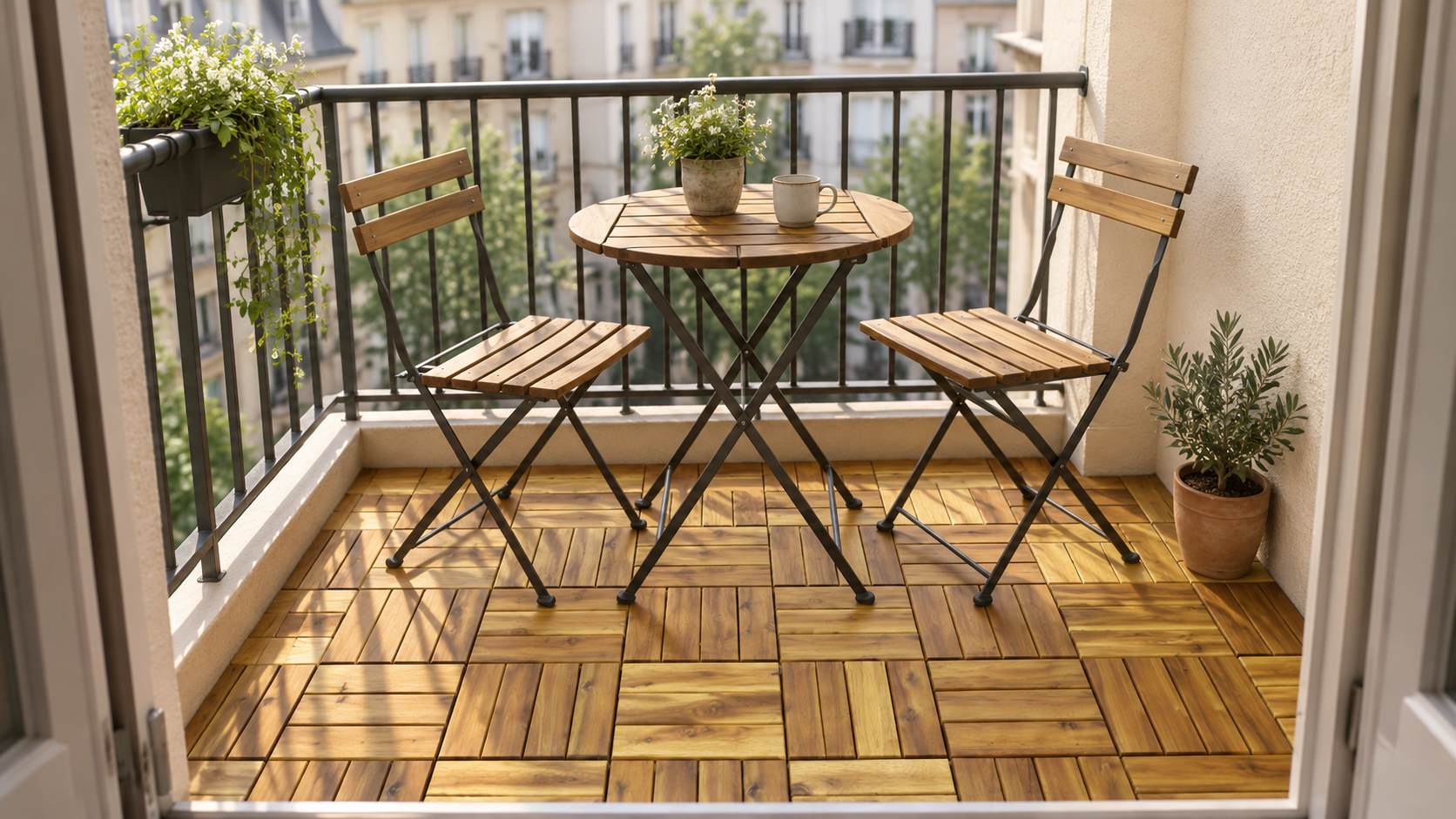 Outdoor Living: Building a Complete Space from the Ground Up Small Outdoor Living balcony with deck tiles and folding patio set