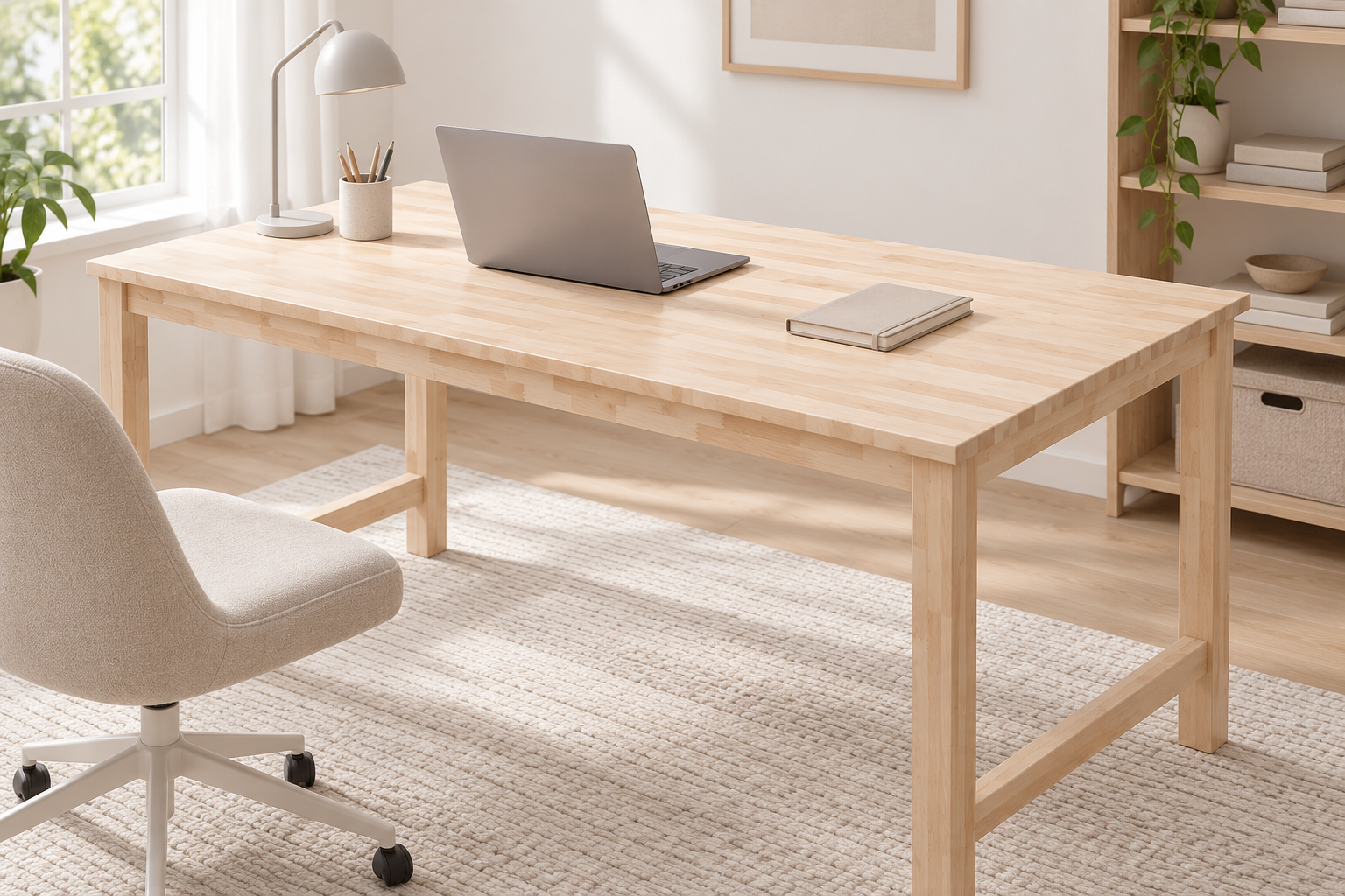 A light Rubberwood butcher block desk brings warmth to a modern home office