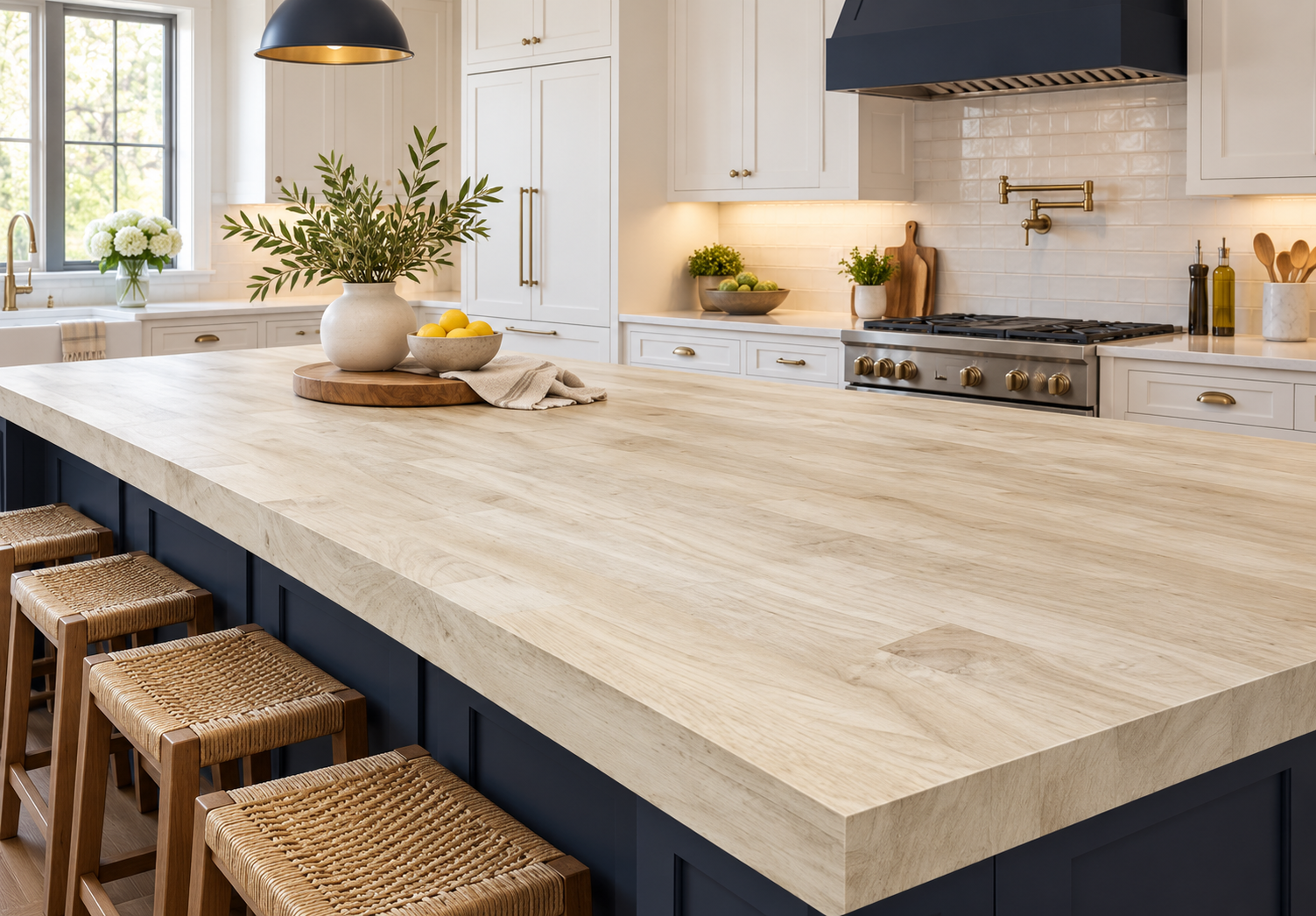 Rubberwood butcher block countertops with light kitchen cabinetry